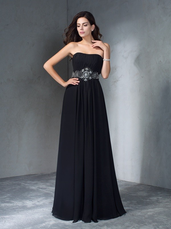 A-Line/Princess Strapless Beading Sleeveless Long Chiffon Dresses 4751