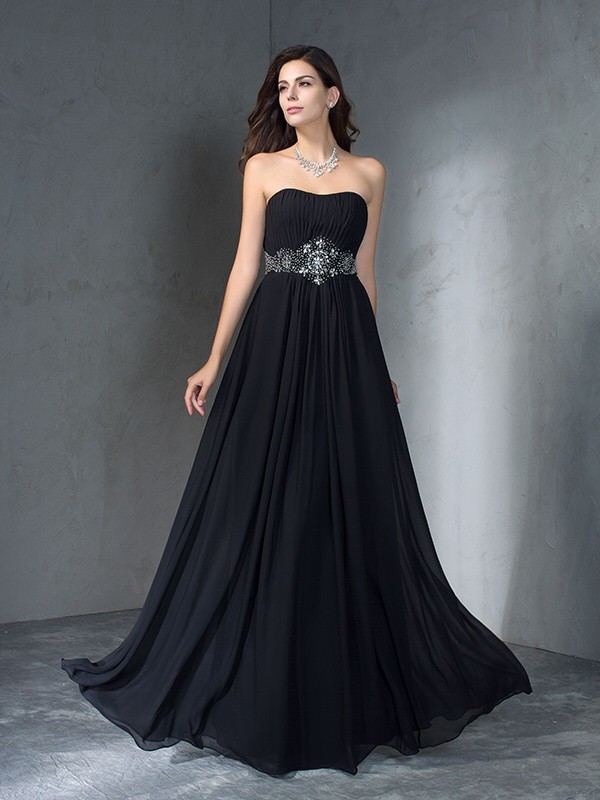 A-Line/Princess Strapless Beading Sleeveless Long Chiffon Dresses 4751