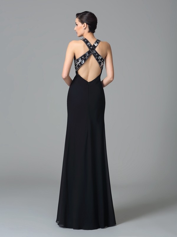 Sheath/Column Straps Beading Sleeveless Long Chiffon Dresses 6692