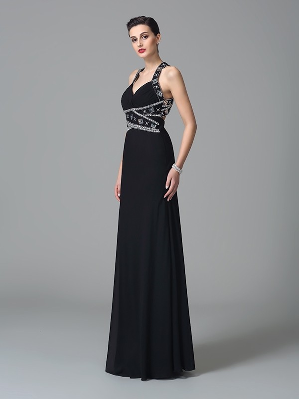 Sheath/Column Straps Beading Sleeveless Long Chiffon Dresses 6692