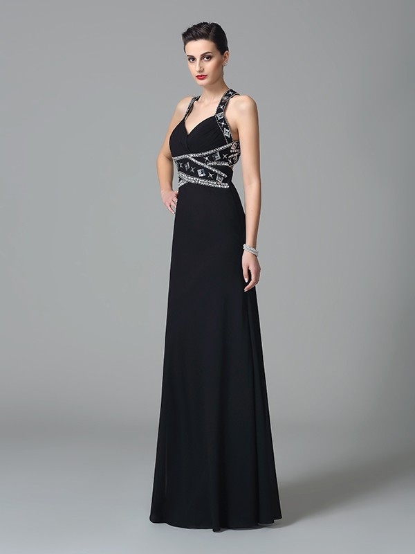 Sheath/Column Straps Beading Sleeveless Long Chiffon Dresses 6692