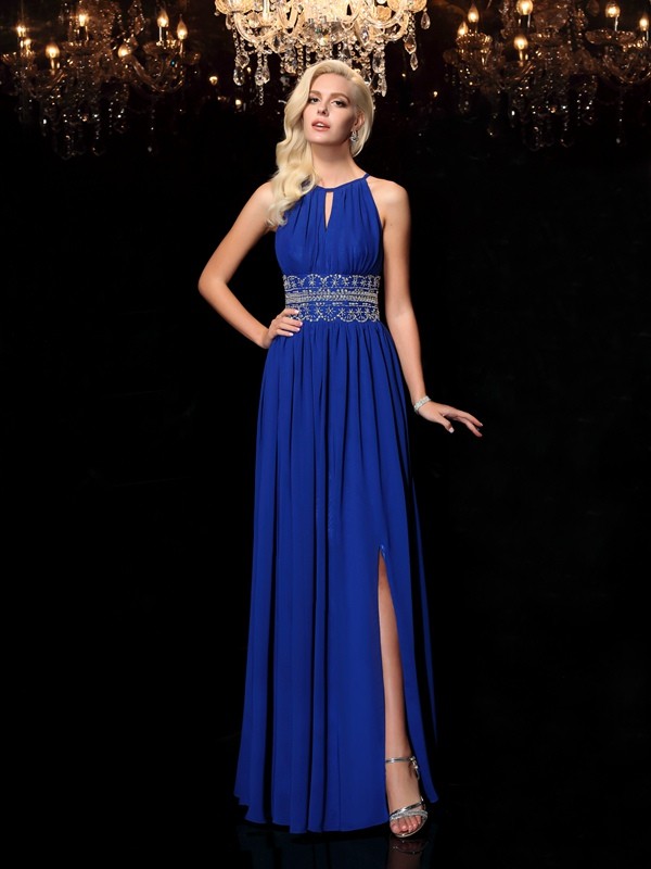 A-line/Princess Jewel Beading Sleeveless Long Chiffon Dresses 3678