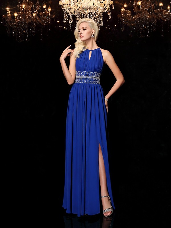 A-line/Princess Jewel Beading Sleeveless Long Chiffon Dresses 3678