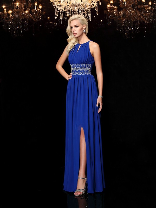 A-line/Princess Jewel Beading Sleeveless Long Chiffon Dresses 3678