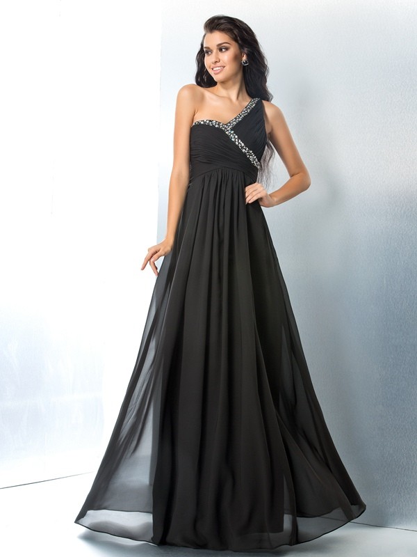 A-Line/Princess One-Shoulder Beading Sleeveless Long Chiffon Dresses 3852