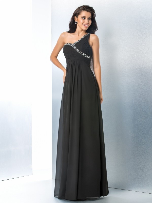 A-Line/Princess One-Shoulder Beading Sleeveless Long Chiffon Dresses 3852