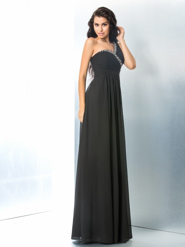 A-Line/Princess One-Shoulder Beading Sleeveless Long Chiffon Dresses 3852