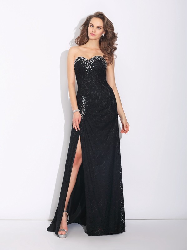 Sheath/Column Sweetheart Rhinestone Sleeveless Long Lace Dresses 6786