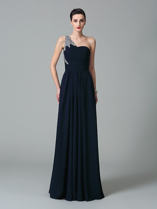 A-Line/Princess One-Shoulder Rhinestone Sleeveless Long Chiffon Dresses 3864