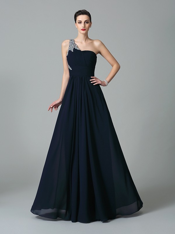 A-Line/Princess One-Shoulder Rhinestone Sleeveless Long Chiffon Dresses 3864