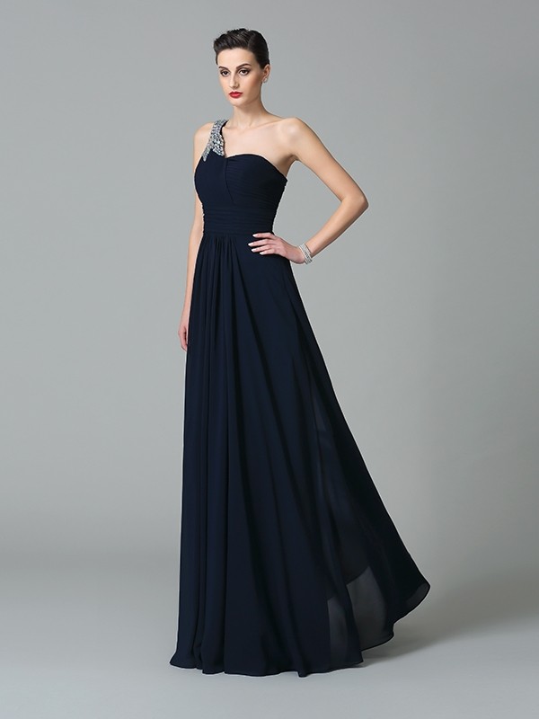 A-Line/Princess One-Shoulder Rhinestone Sleeveless Long Chiffon Dresses 3864