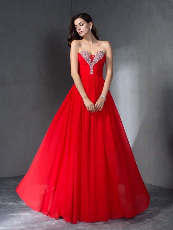 A-Line/Princess Sweetheart Beading Sleeveless Long Chiffon Dresses 4956