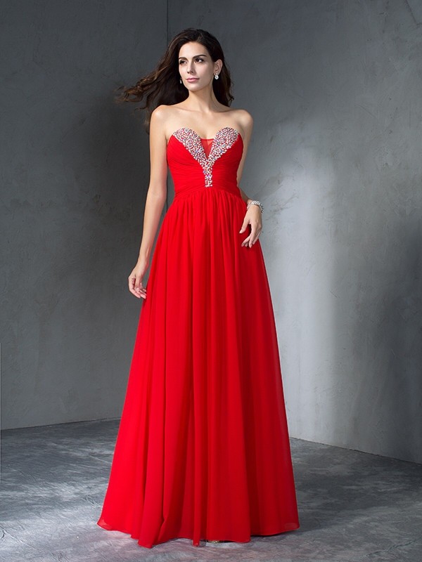 A-Line/Princess Sweetheart Beading Sleeveless Long Chiffon Dresses 4956