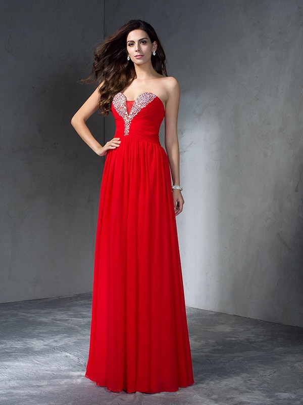 A-Line/Princess Sweetheart Beading Sleeveless Long Chiffon Dresses 4956