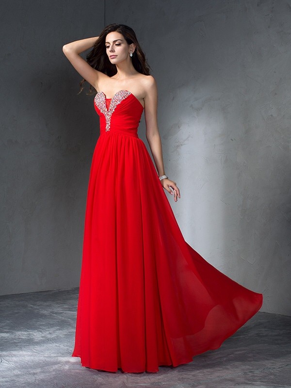 A-Line/Princess Sweetheart Beading Sleeveless Long Chiffon Dresses 4956