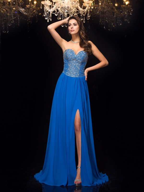 A-Line/Princess Sweetheart Beading Sleeveless Long Chiffon Dresses 4957