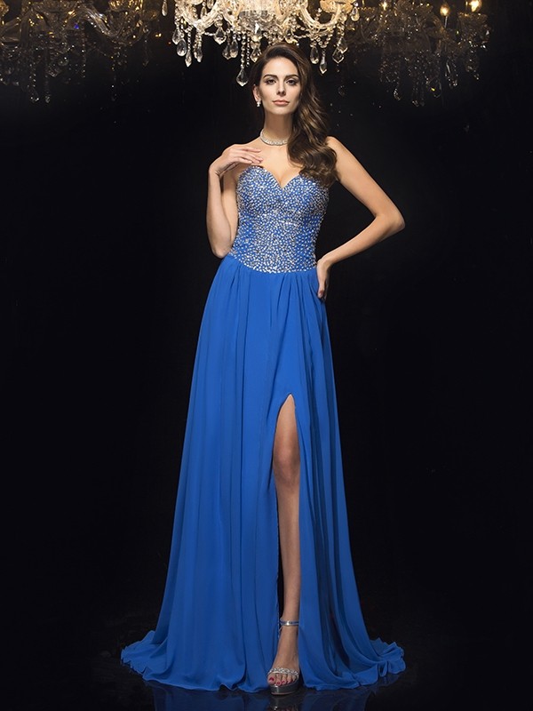 A-Line/Princess Sweetheart Beading Sleeveless Long Chiffon Dresses 4957