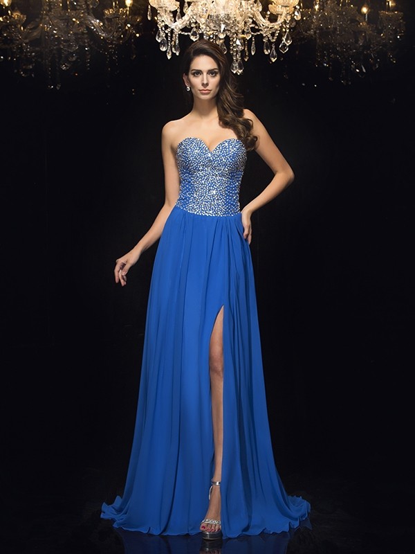 A-Line/Princess Sweetheart Beading Sleeveless Long Chiffon Dresses 4957