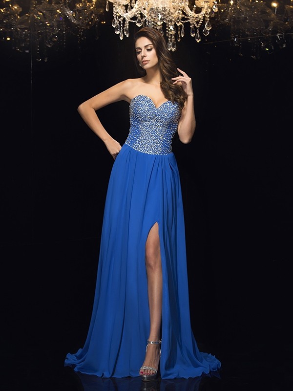 A-Line/Princess Sweetheart Beading Sleeveless Long Chiffon Dresses 4957