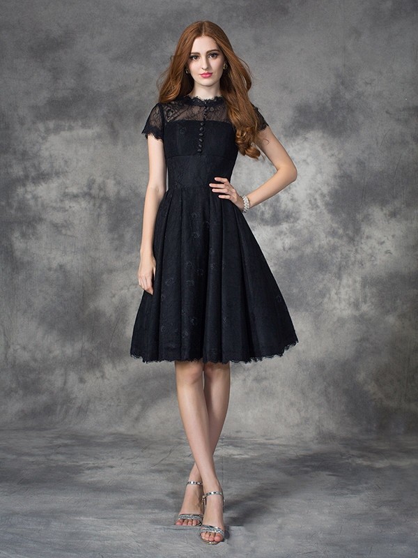 A-line/Princess Jewel Lace Short Sleeves Short Lace Dresses 3684