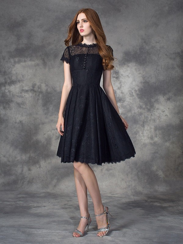 A-line/Princess Jewel Lace Short Sleeves Short Lace Dresses 3684