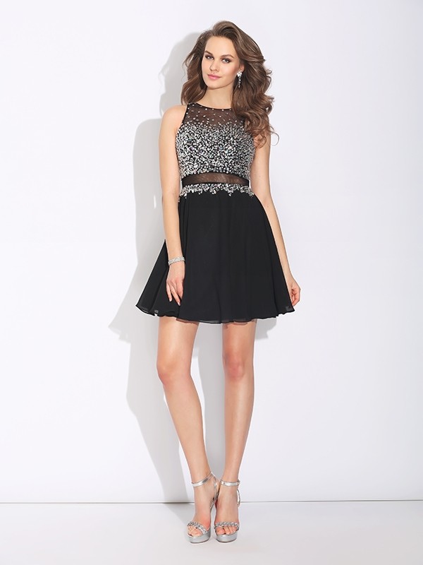 A-Line/Princess Jewel Beading Sleeveless Short Chiffon Dresses 3681