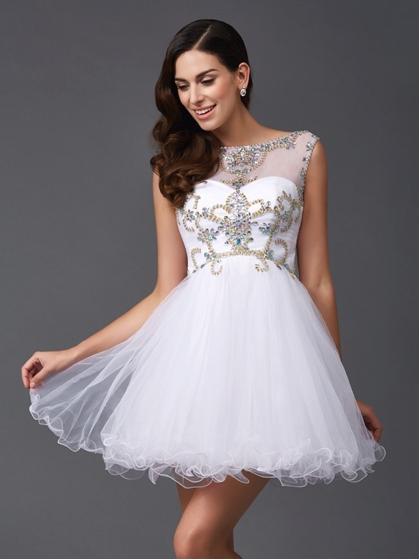 A-Line/Princess Scoop Beading Sleeveless Short Net Dresses 4313