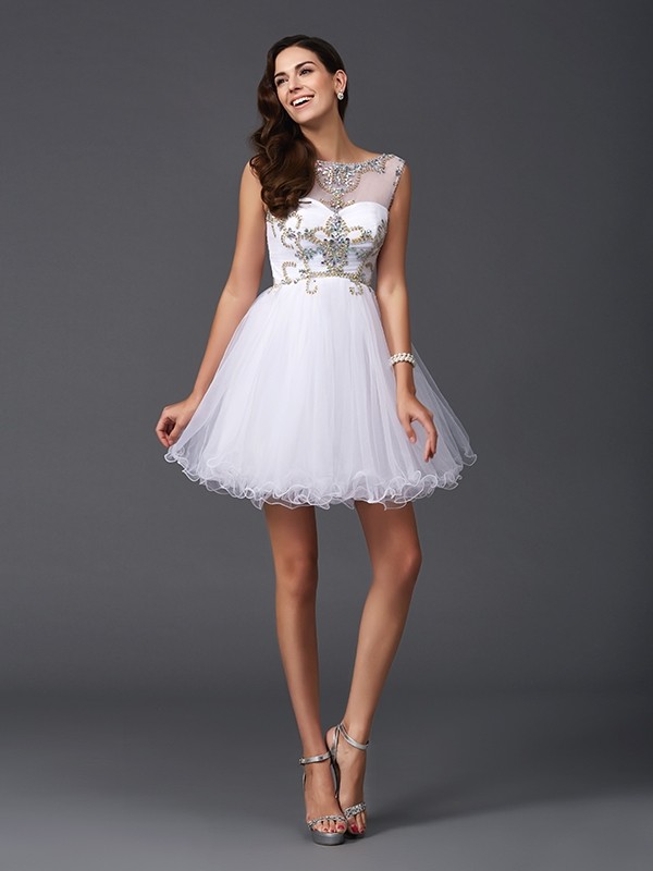 A-Line/Princess Scoop Beading Sleeveless Short Net Dresses 4313