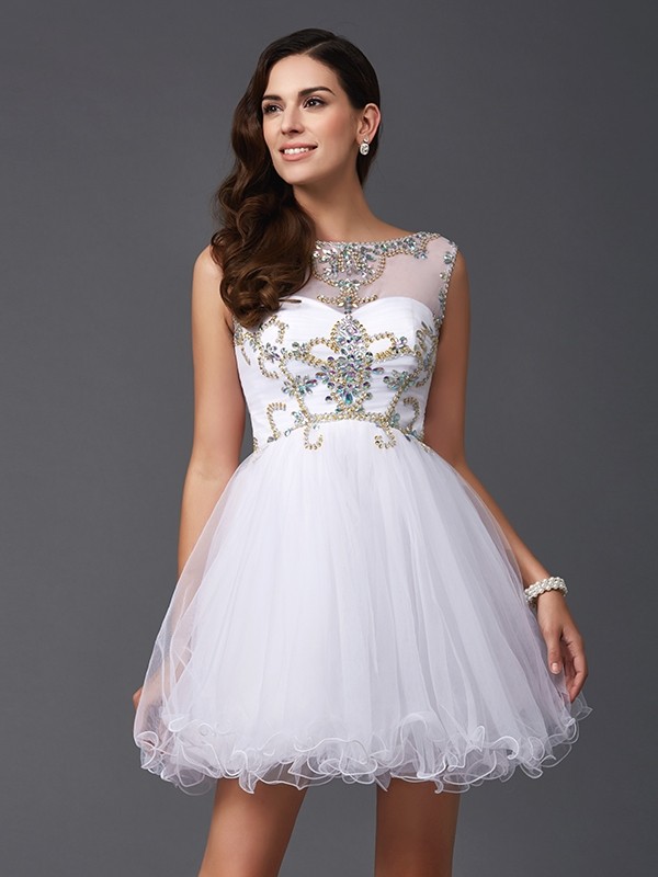 A-Line/Princess Scoop Beading Sleeveless Short Net Dresses 4313