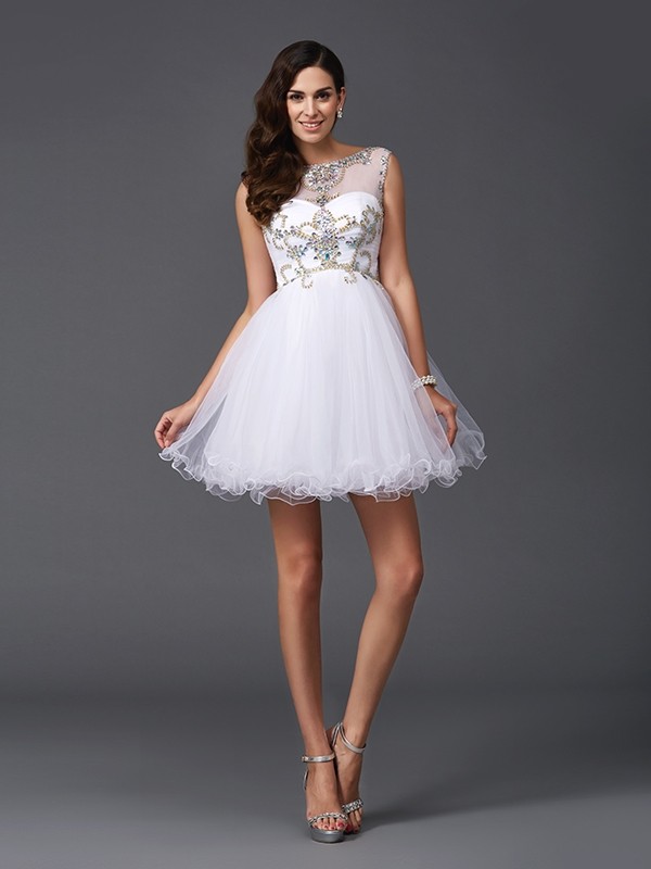 A-Line/Princess Scoop Beading Sleeveless Short Net Dresses 4313