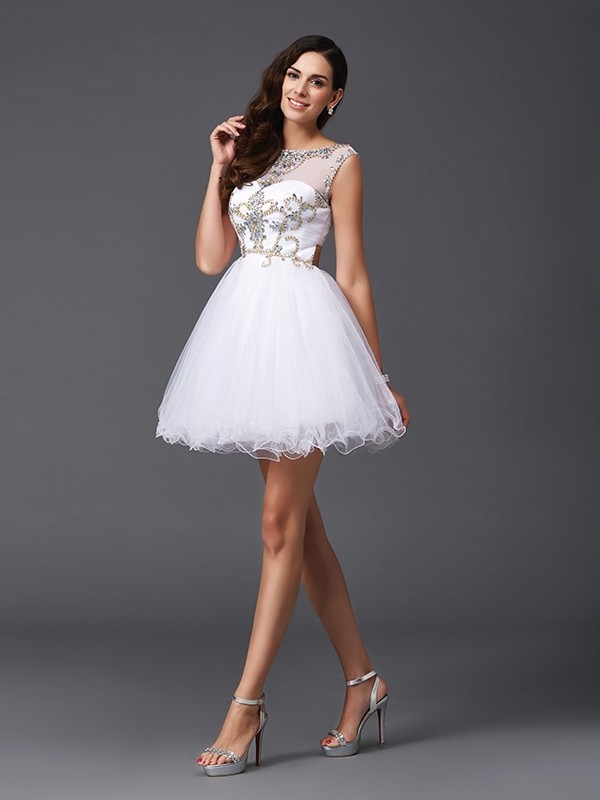 A-Line/Princess Scoop Beading Sleeveless Short Net Dresses 4313