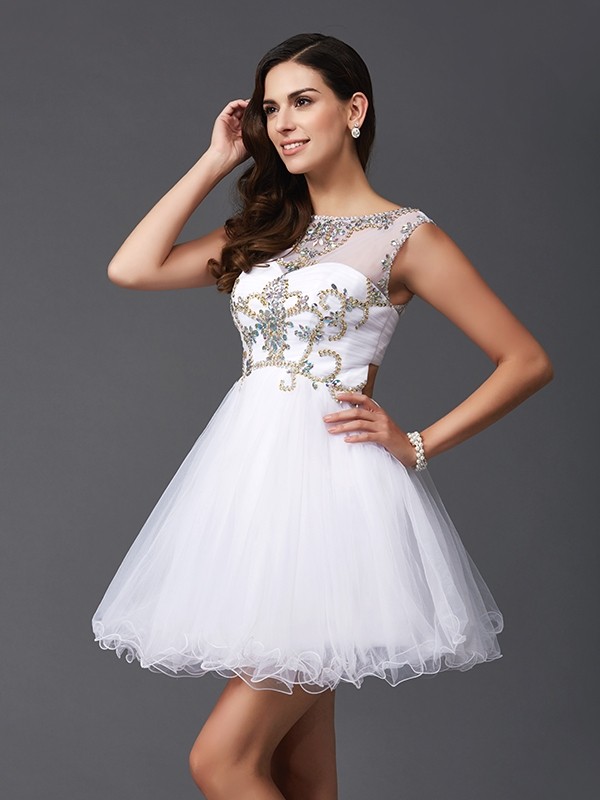 A-Line/Princess Scoop Beading Sleeveless Short Net Dresses 4313