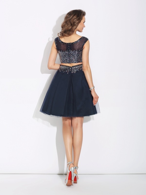 A-Line/Princess Bateau Beading Sleeveless Short Net Two Piece Dresses 3375