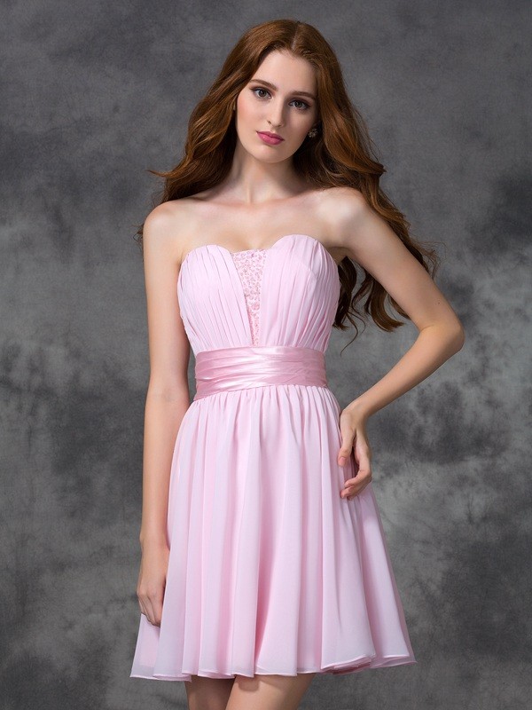 A-line/Princess Sweetheart Ruched Sleeveless Short Chiffon Dresses 5000