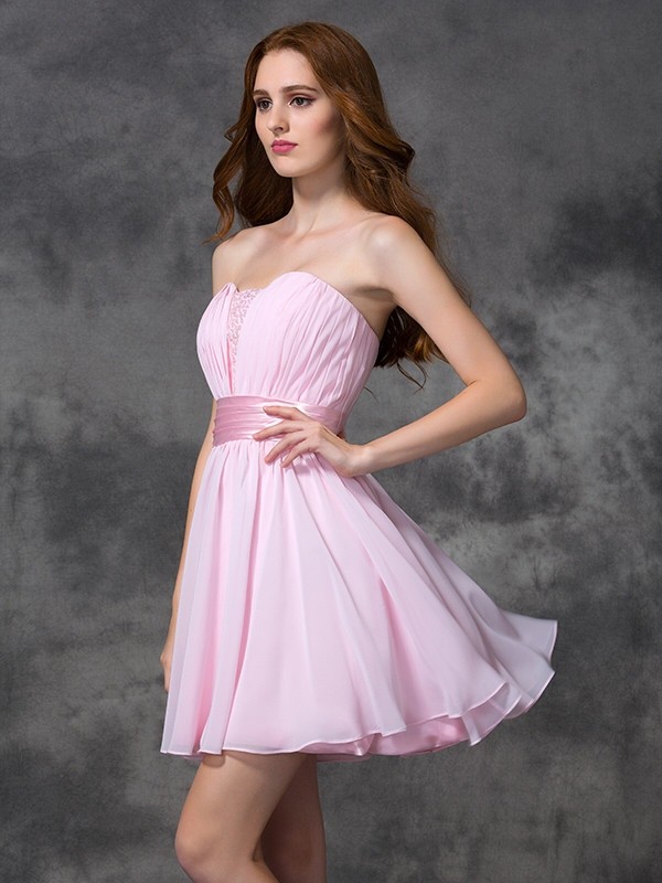 A-line/Princess Sweetheart Ruched Sleeveless Short Chiffon Dresses 5000