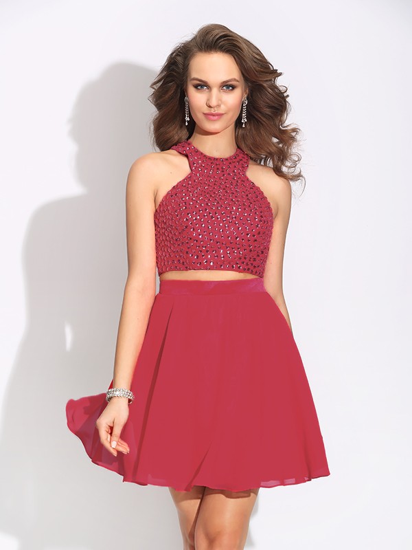 A-Line/Princess Jewel Crystal Sleeveless Short Chiffon Two Piece Dresses 3682