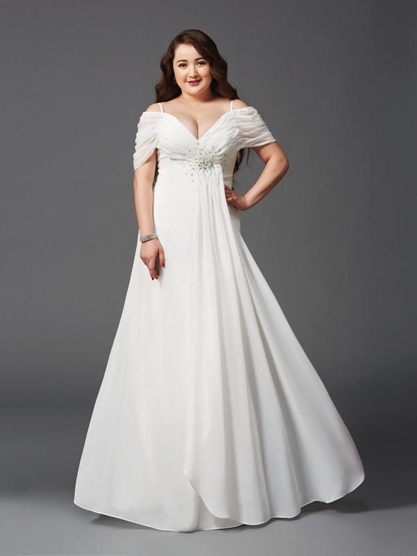 A-Line/Princess Off-the-Shoulder Ruched Short Sleeves Long Chiffon Plus Size Dresses 3798