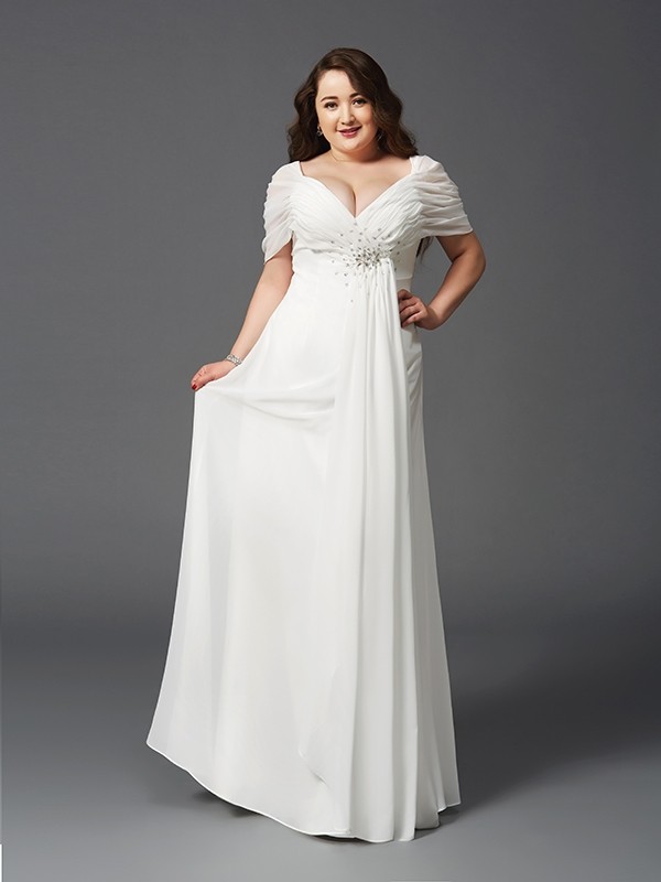 A-Line/Princess Off-the-Shoulder Ruched Short Sleeves Long Chiffon Plus Size Dresses 3798