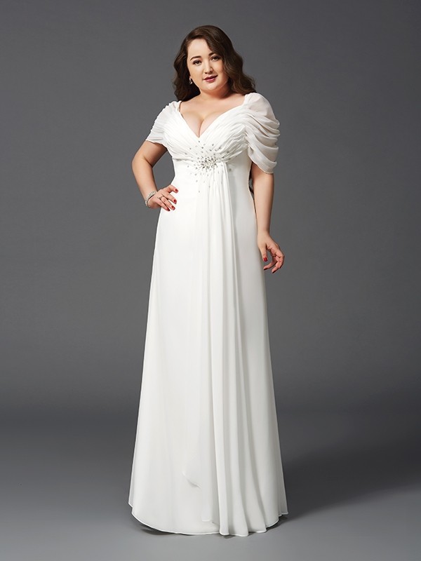 A-Line/Princess Off-the-Shoulder Ruched Short Sleeves Long Chiffon Plus Size Dresses 3798