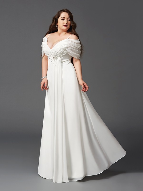 A-Line/Princess Off-the-Shoulder Ruched Short Sleeves Long Chiffon Plus Size Dresses 3798