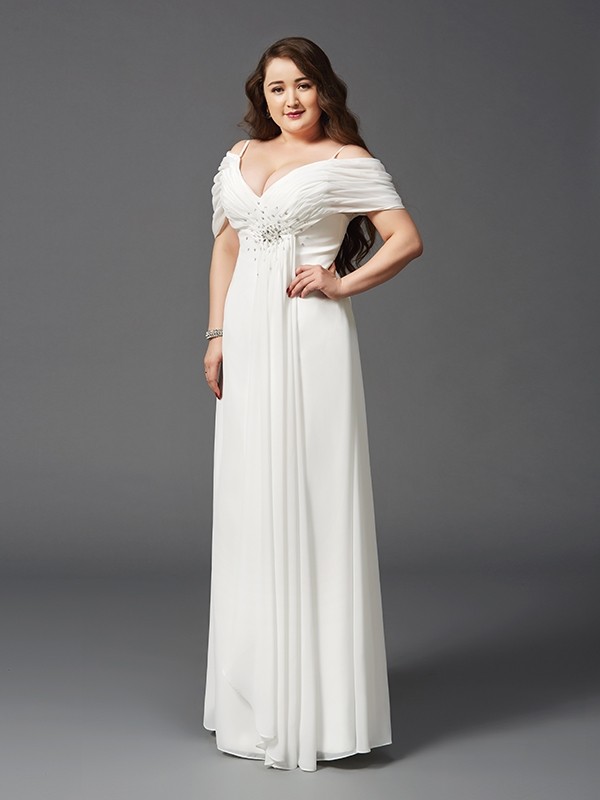 A-Line/Princess Off-the-Shoulder Ruched Short Sleeves Long Chiffon Plus Size Dresses 3798