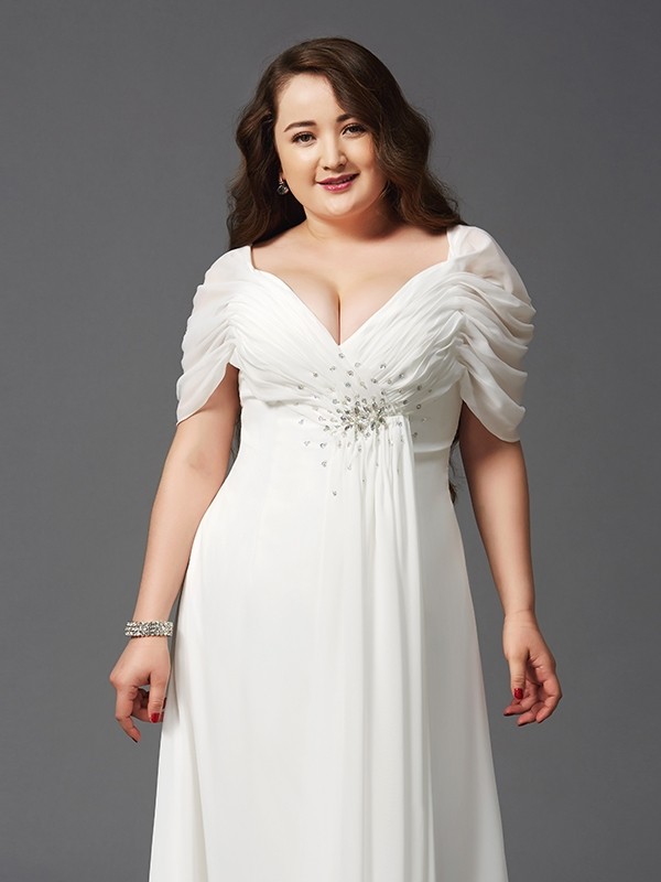 A-Line/Princess Off-the-Shoulder Ruched Short Sleeves Long Chiffon Plus Size Dresses 3798