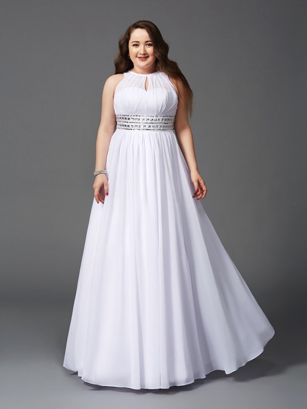 A-Line/Princess Jewel Beading Sleeveless Long Chiffon Plus Size Dresses 3679