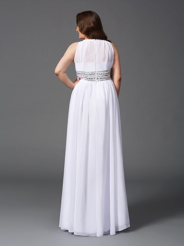 A-Line/Princess Jewel Beading Sleeveless Long Chiffon Plus Size Dresses 3679