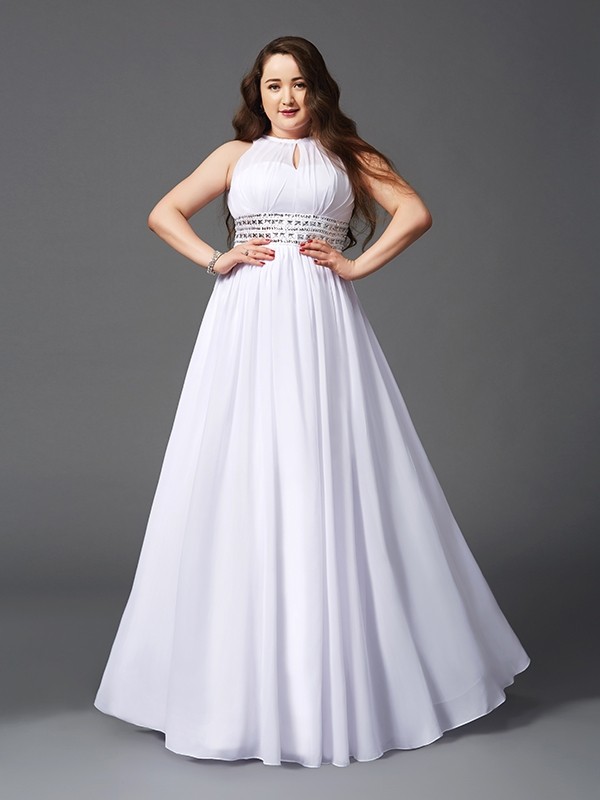 A-Line/Princess Jewel Beading Sleeveless Long Chiffon Plus Size Dresses 3679