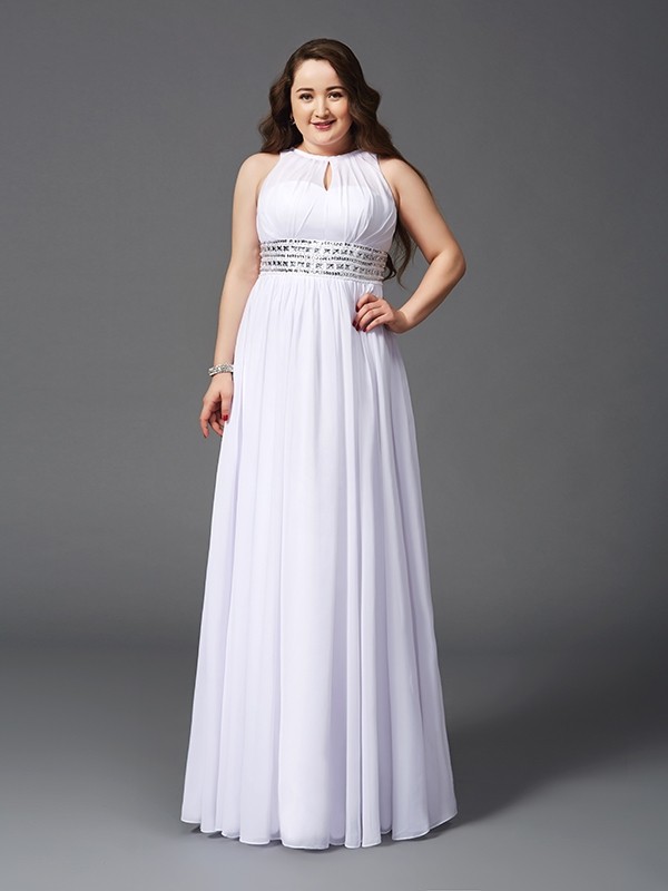 A-Line/Princess Jewel Beading Sleeveless Long Chiffon Plus Size Dresses 3679