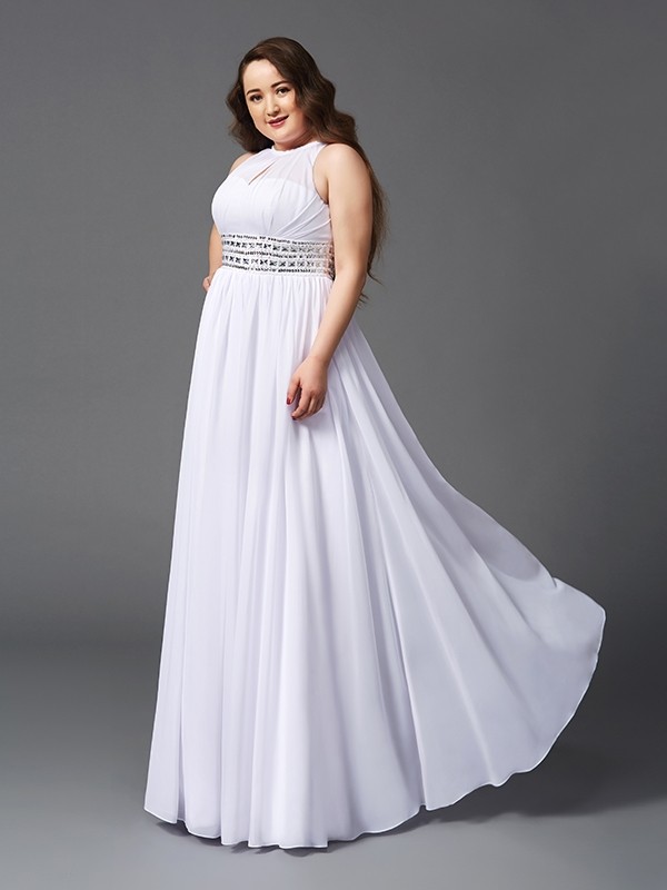 A-Line/Princess Jewel Beading Sleeveless Long Chiffon Plus Size Dresses 3679