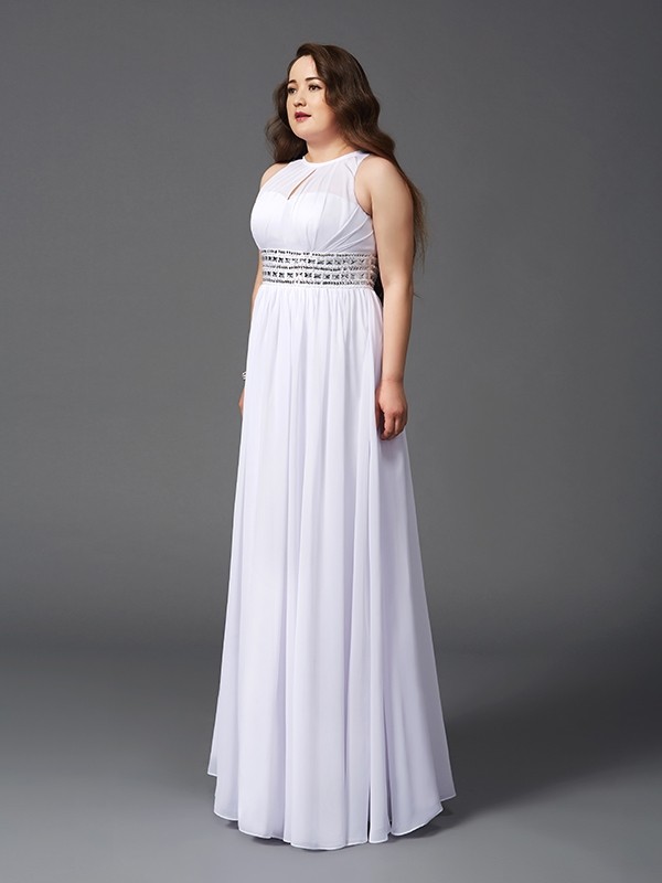 A-Line/Princess Jewel Beading Sleeveless Long Chiffon Plus Size Dresses 3679