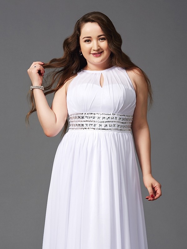 A-Line/Princess Jewel Beading Sleeveless Long Chiffon Plus Size Dresses 3679