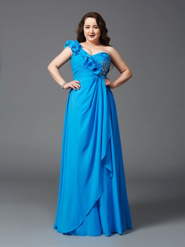 A-Line/Princess One-Shoulder Rhinestone Sleeveless Long Chiffon Plus Size Dresses 3867